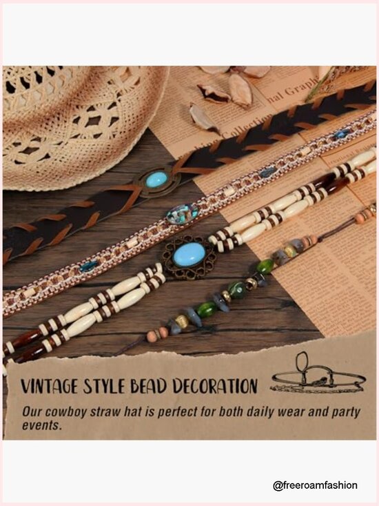 Straw Cowboy Hat Wide Brim, Adjustable, with 4 Decorative Bands, Unisex, main image 4